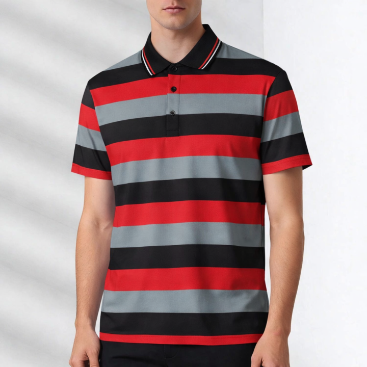 Men’s Striped Polo Shirt – Red, Gray & Black | Short Sleeve