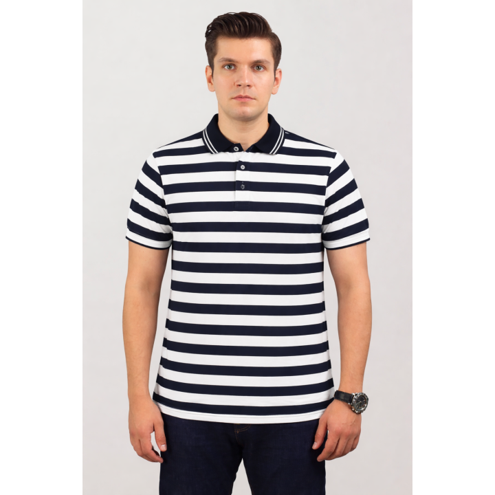 Men’s Navy Blue & White Striped Polo Shirt | Short Sleeve