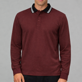 Burgundy Tipped Collar Long Sleeve Polo | Men’s Casual & Work Wear