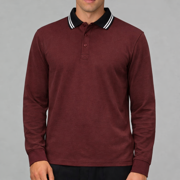 Burgundy Tipped Collar Long Sleeve Polo | Men’s Casual & Work Wear